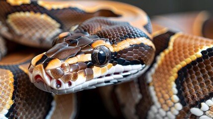 Fototapeta premium Python with a raised head showing aggression and detailed scale patterns