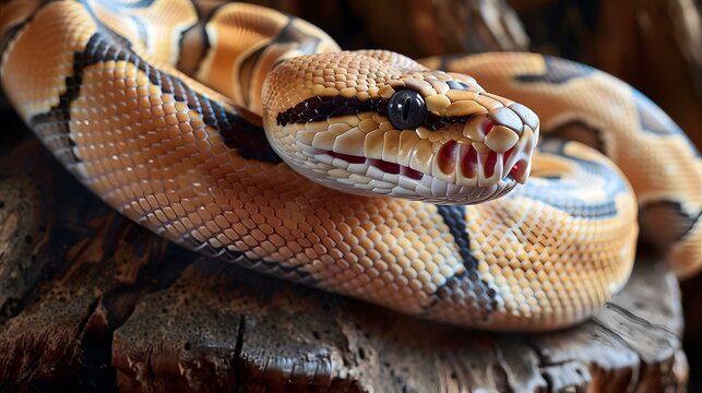 Python coiled on a tree branch, displaying its patterned scales and focused eyes