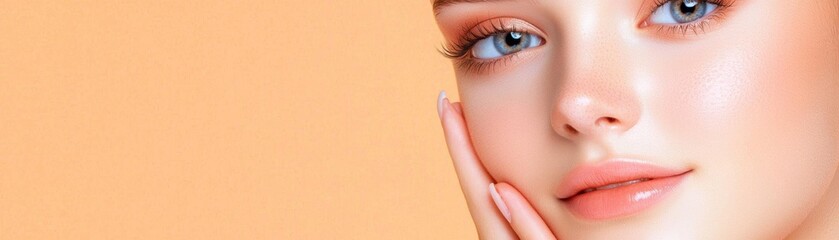 Fototapeta premium Teenage girl with acne on her nose, smiling softly against a beige background