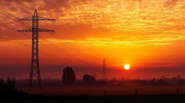 Stunning sunset landscape with silhouetted power pylons against a vibrant orange and yellow sky, capturing nature and industry.