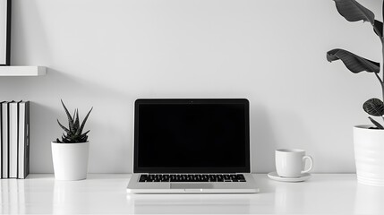 Minimalist Workspace with Laptop, Plant, and Coffee Cup