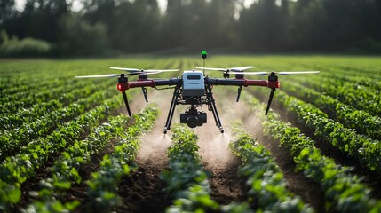 Aerial image of an IoT enabled drone precisely spraying pesticides over a crop field showcasing the advancements in precision agriculture and smart farming technology for efficient targeted