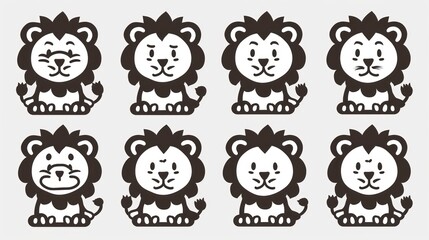 Eight black and white lion icons with different expressions.