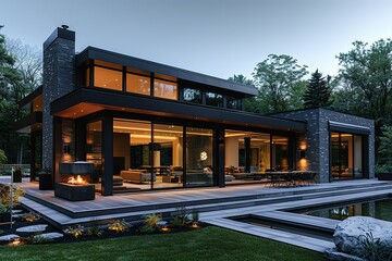 Fototapeta premium A large house with a fireplace and a pool