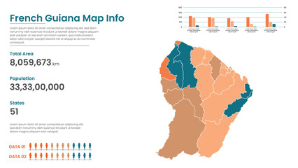 Obraz premium French Guiana political map of administrative divisions states, Colorful states in French Guiana map infographic, French Guiana Map Info, French Guiana Population.