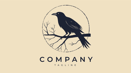 hand drawn raven logo design template for brand business company