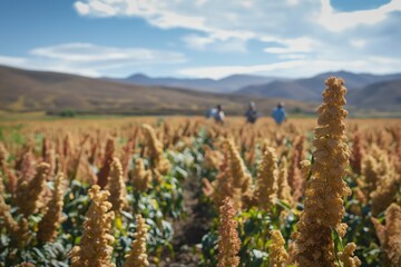 Farmers are walking through a quinoa field in bolivia on a sunny day with mountains in the background