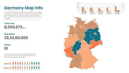 Germany political map of administrative divisions states, Colorful states  in Germany map infographic, Germany Map Info, Germany Population.