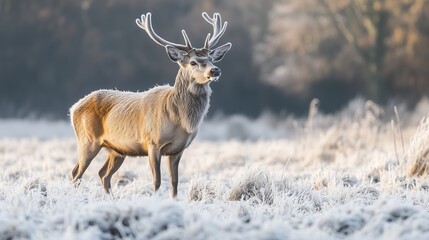 Obraz premium A majestic stag stands in a frosty meadow during the early morning light, surrounded by winter's beauty and tranquility
