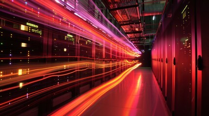 Server Room with Red and Purple Light Trails