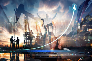 Double exposure of businessman with refinery plant and Crude Oil pump oil rig energy industrial...