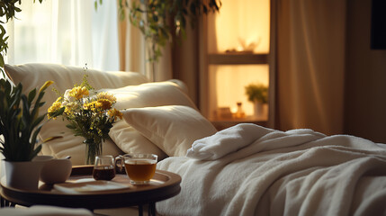 Naklejka premium A cozy corner of a home spa, with a comfortable chaise lounge, plush pillows, a fluffy white robe, and a tray with herbal tea and flowers. Gentle lighting and a tranquil atmosphere