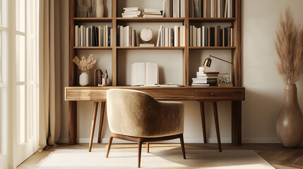 A cozy home office corner with a wooden desk, a plush velvet chair, and a wall-mounted bookshelf filled with books and decor, all set within a light-filled room with soft, neutral tones