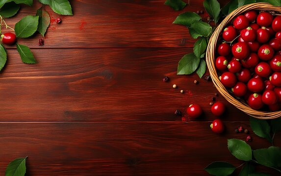 A basket of freshly picked kokum fruits, with their vibrant red skins, set on a rustic wooden table with scattered leaves