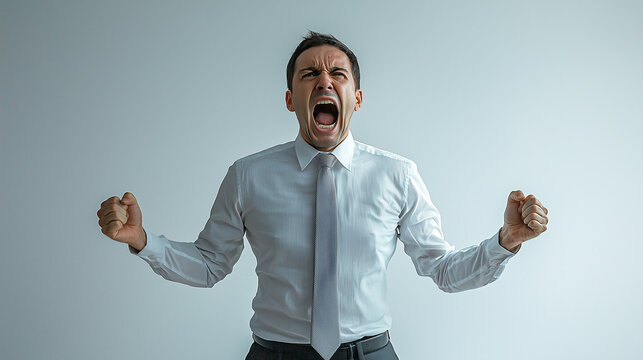 An male office worker shouting, showing anger and frustration, isolated on a white background