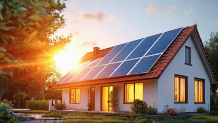 Naklejka premium A house with solar panels on the roof under bright sunlight