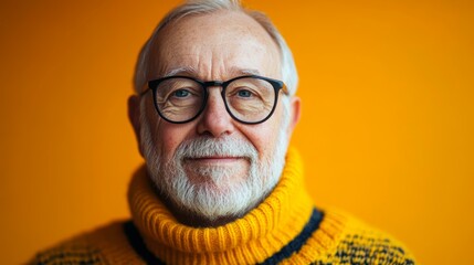 Obraz premium A smiling older man wearing a bright yellow turtleneck sweater and glasses stands in front of an orange background, exuding warmth and wisdom ideal for senior living, happiness