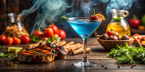 Obraz premium Blue cocktail on a glass with BBQ food at a night dinner party, cocktail, blue, glass, party, night, BBQ, food, drink