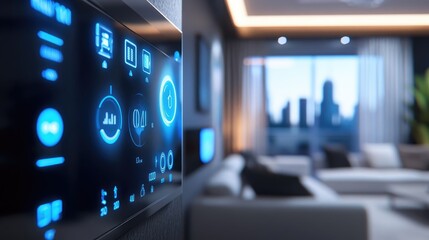 Fototapeta premium Modern Living Room with High-Tech Smart Home Control Panel