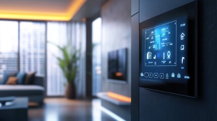 Fototapeta premium Modern Living Room with High-Tech Smart Home Control Panel
