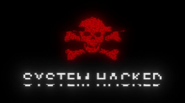 SYSTEM HACKED glitch notification with skull icon. Looped cybercrime concept hacking animation. SYSTEM HACKED message with glitch effect. Security breach with skull icon. Hacking attack.