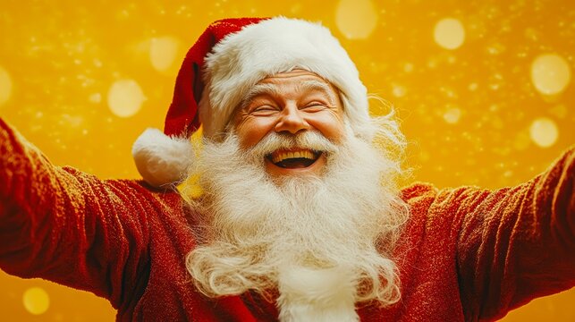 A jolly Santa Claus in a festive red outfit and white beard, smiling warmly against a glowing yellow background, perfect for Christmas advertising, greeting cards, or holiday marketing campaigns,