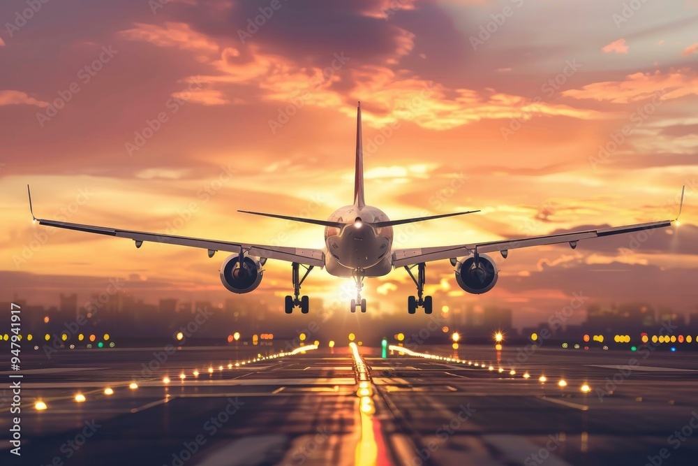 Wall mural passenger airplane is landing on the runway at an airport with a beautiful sunset in the background