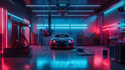 Neon Garage with Sports Car