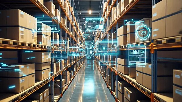 High-tech warehouse. Digital automation systems and shelves lined with boxes, representing modern logistics and efficient inventory management