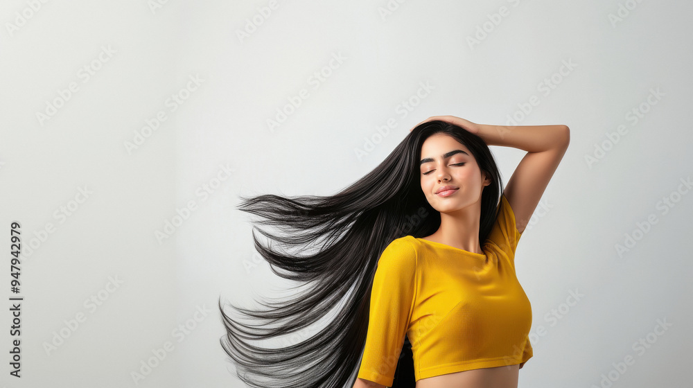 Poster young beautiful indian woman waving black hair