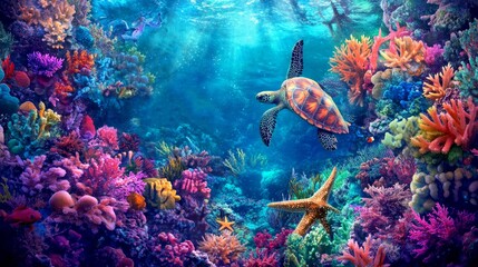 A vibrant underwater scene captures the beauty of marine life. Colorful corals create a lively environment. A turtle glides gracefully through the clear blue water. AI