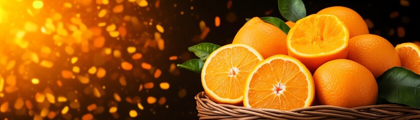 A variety of fresh oranges, both whole and sliced, arranged in a wicker basket with soft natural lighting