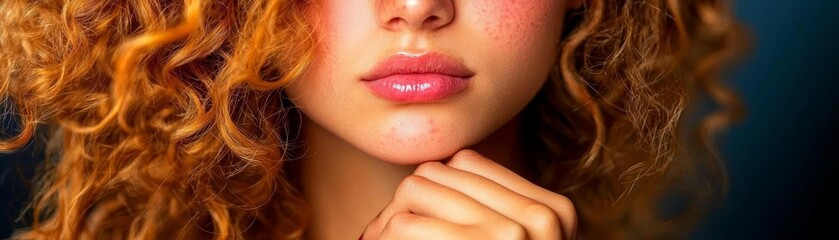 Obraz premium Closeup of a teenage girl with acne scars on her cheeks, with a slight smile on her face