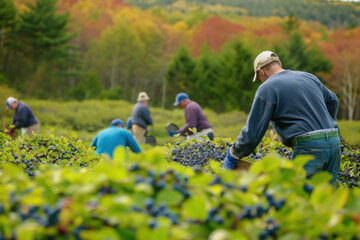 Farmers working on a sunny autumn day and harvesting blueberries on a blueberry farm