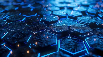 Futuristic hexagon grid, cool blues and silvers, glowing edges, sci-fi feel