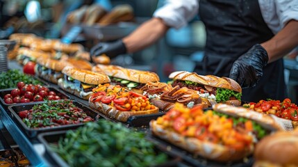 A food service worker assembling sandwiches at a popular deli, efficiently handling multiple orders during lunchtime rush