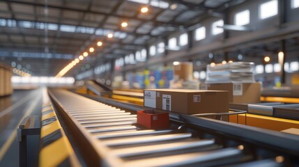 Fototapeta premium Efficient Postal Sorting System Automated Line Sorting Parcels with Precision and Speed Blurred Background Adds Dynamic Motion