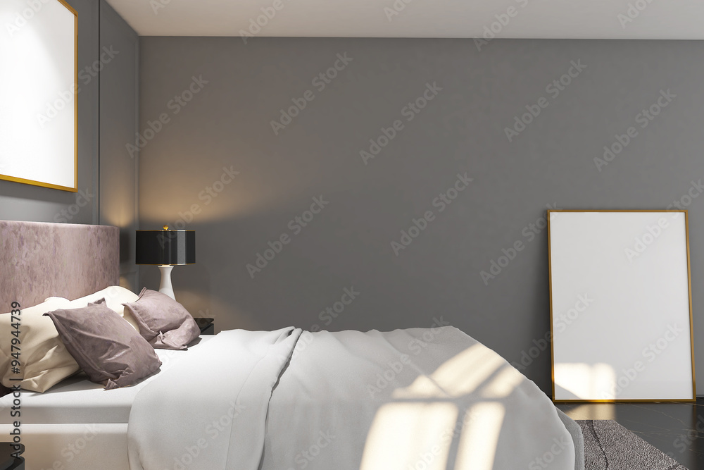 Wall mural 3d render of luxury bedroom side the window interior design with profile panel & frame mockup. Black marble floor, gray wall backdrop and white ceiling. Set 11