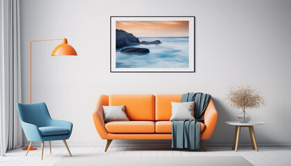 Orange Sofa Interior Design with Ocean Sunset Artwork