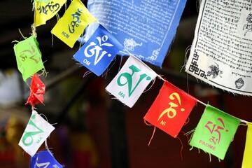 Om mani padme hum, Buddhist sanskrit mantra banner, Manali, Himachal Pradesh, India, Asia