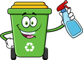 Green Recycle Trash Bin Cartoon Character Holding Disinfectant Spray Bottle. Vector Hand Drawn Illustration Isolated On Transparent Background