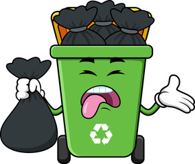 Green Recycle Trash Bin Cartoon Character Full With Garbage. Vector Hand Drawn Illustration Isolated On Transparent Background