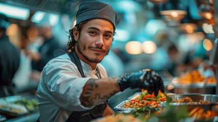 A food service worker assembling sandwiches at a popular deli, efficiently handling multiple orders during lunchtime rush