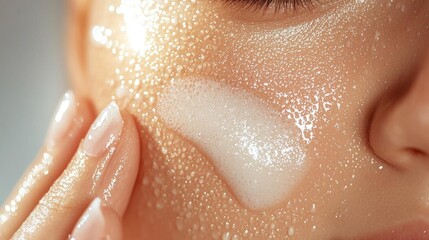 Fototapeta premium Teenage girl with acne on her cheeks, using a gentle facial cleanser