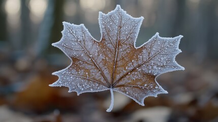 Fototapeta premium Closeup of a frost-covered maple leaf with a blurred background.