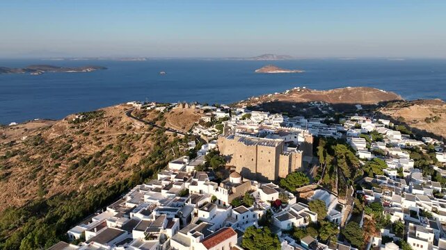 Drone flight over the Holy Monastery of Saint John the Theologian on Patmos island, Greece