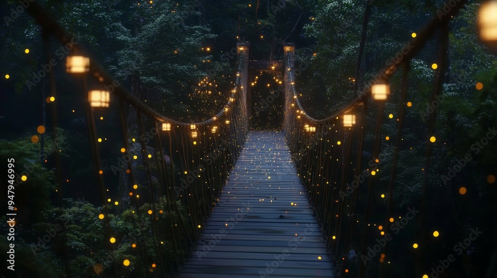 Sticker A magical wooden bridge illuminated by glowing lanterns. This serene pathway invites you to explore the enchanting forest. Perfect for nature themes and relaxation. AI