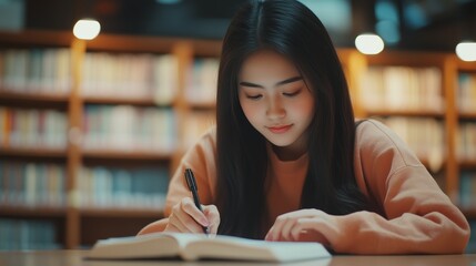 Young student studying diligently with a notebook in a cozy library during the late afternoon
