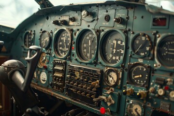 Close up of an old airplane cockpit control panel with many analog gauges and dials
