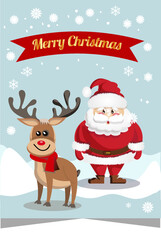 merry christmas santa and deer ,new year card, ribbon, santa claus and reindeer